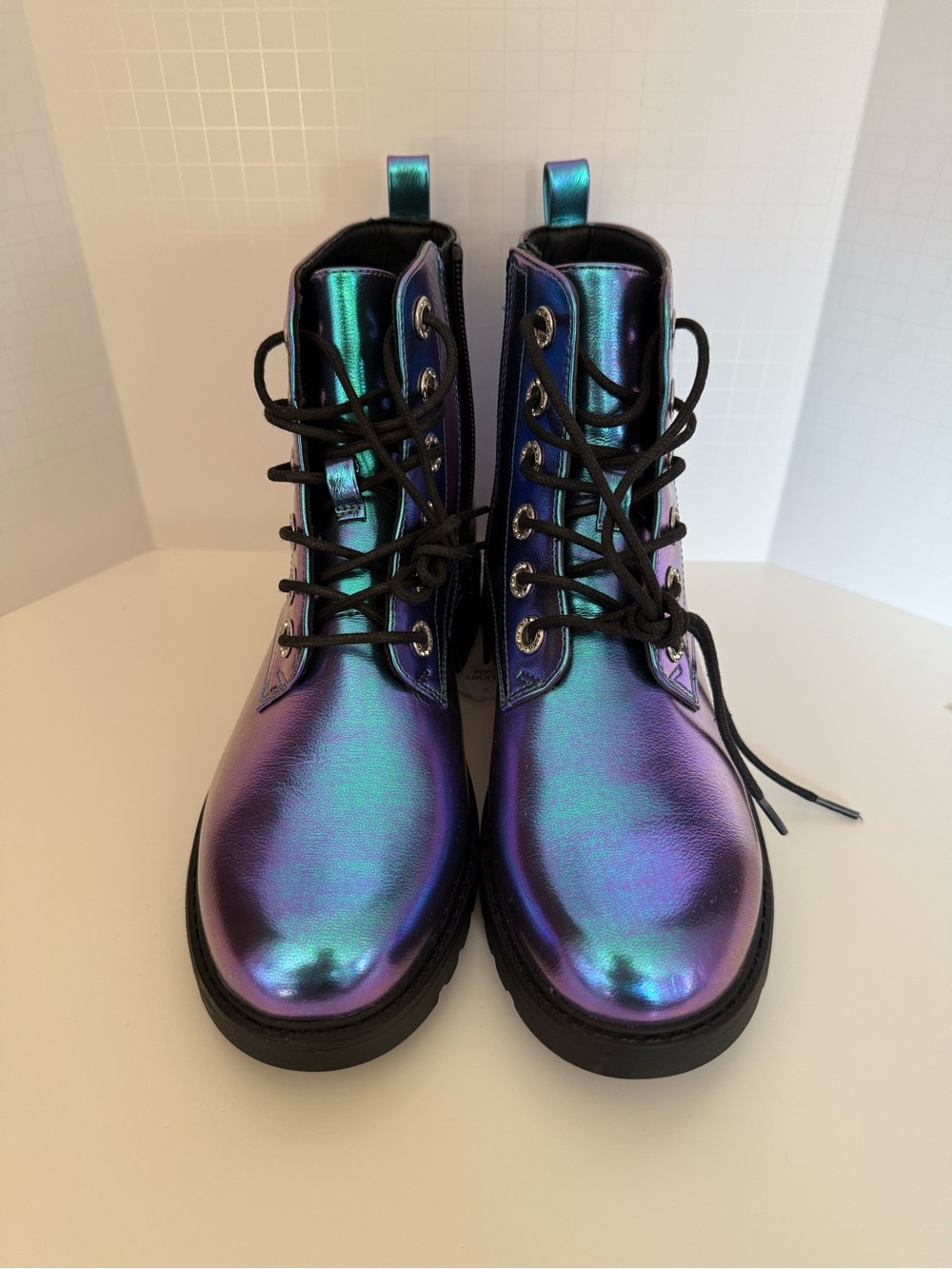 Kids Iridescent Purple-Teal Lace-Up Boots